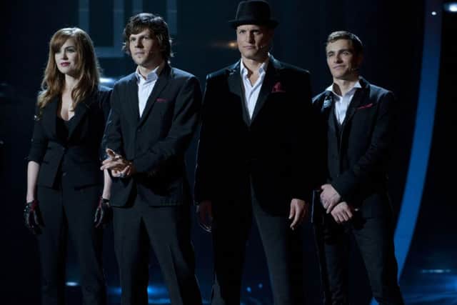 Undated Film Still Handout from Now You See Me. Pictured: DAVE  FRANCO as Jack Wilder, JESSE EISENBERG as J Daniel Atlas, ISLA FISHER as Henley Reeves and WOODY HARRELSON as Merritt McKinney. See PA Feature FILM Fisher. Picture credit should read: PA Photo/Entertainment One. WARNING: This picture must only be used to accompany PA Feature FILM Fisher.
