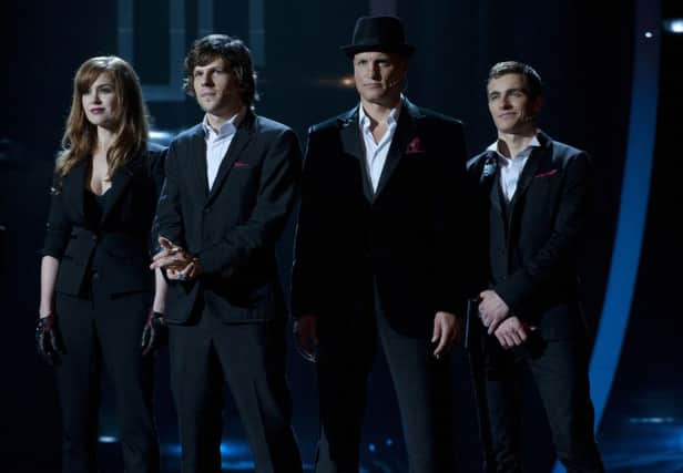 Undated Film Still Handout from Now You See Me. Pictured: DAVE  FRANCO as Jack Wilder, JESSE EISENBERG as J Daniel Atlas, ISLA FISHER as Henley Reeves and WOODY HARRELSON as Merritt McKinney. See PA Feature FILM Fisher. Picture credit should read: PA Photo/Entertainment One. WARNING: This picture must only be used to accompany PA Feature FILM Fisher.