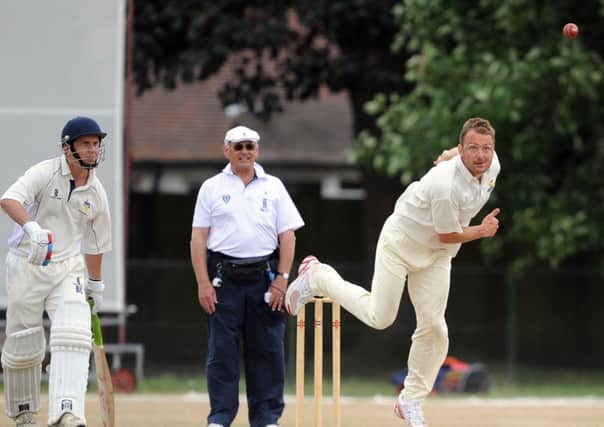 Hastings Priory skipper George Campbell sends down a delivery against Worthing. Picture by Liz Pearce