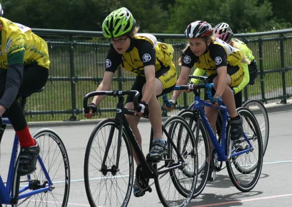 Ellen Flewitt and Amy Perryman (U12 Girls) racing in the elimination race at the Bournemouth Omnium
