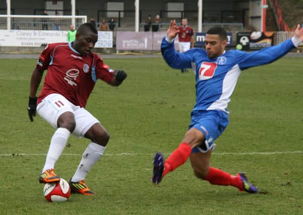 Hastings United striker Bailo Camara, pictured here by Terry S. Blackman against Leiston last season, could face his former club tonight