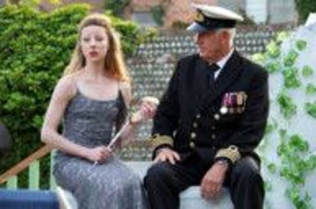 Beatrice (Natascia Mazzucato) and Don Pedro (Ian Saxton) in BATS 2013 open air production of Much Ado About Nothing