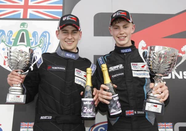 Jack Barlow on the podium at Brands Hatch with team-mate Matty Graham. Picture courtesy Jakob Ebrey Photography