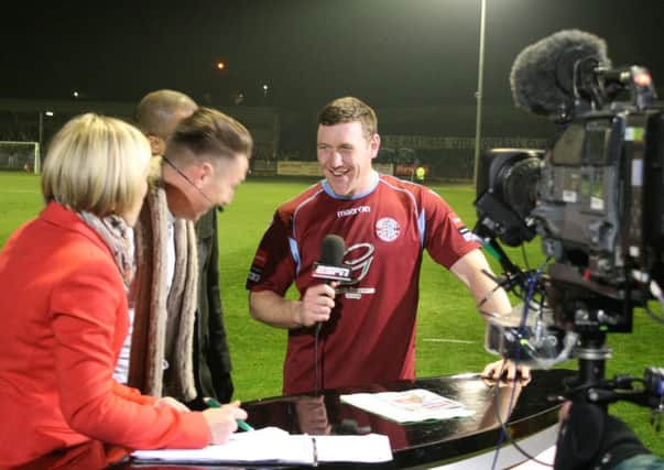 Now departed Hastings United player-manager Sean Ray speaks to ESPN after the FA Cup second round replay victory over Harrogate Town last season. Picture by Terry S. Blackman
