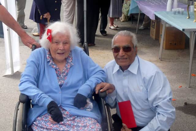 Muriel Dale, 104, and Suryakant Patel, 75