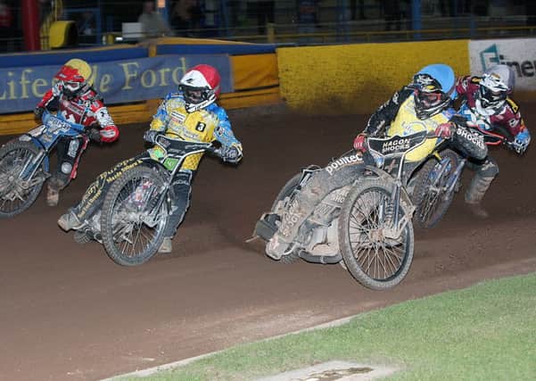 Ashley Birks, Simon Gustafsson, Richie Worrall and Davey Watt in action during Eastbourne's 49-41 victory over Lakeside