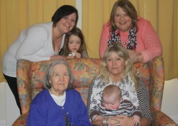 Amy, her daughter Daisy and Claire. Bottom left : Joan, Amy's nan Janet and Amy's son Harry.