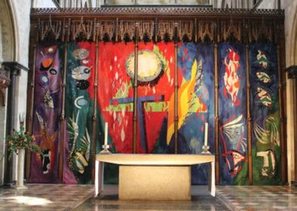 John Pipers Chichester Cathedral reredos tapestry, circa 1966, depicting the Trinity, the Evangelists and the Elements.