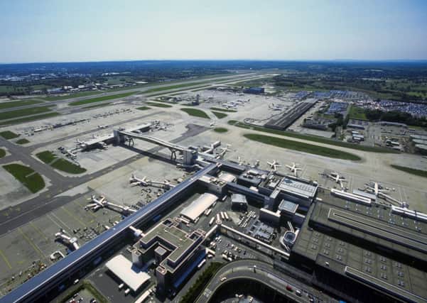Gatwick Airport, aerial view of new passenger bridge at Pier 6 and North Terminal Apron including runways, June 2005, Image ref CGA00963, A.C
