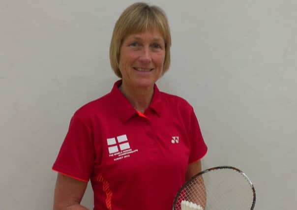 Cathy Bargh wearing her England shirt from the World Seniors Badminton Championships in Turkey
