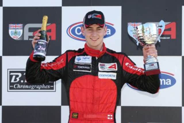 Jack Barlow celebrates on the podium at Snetterton in the most recent round of the Formula 4 Championship. Picture courtesy Jakob Ebrey Photography