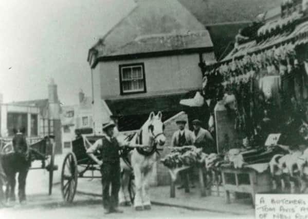 A butchers shop, possibly Tom Avis, at the western end of New Road, Shoreham