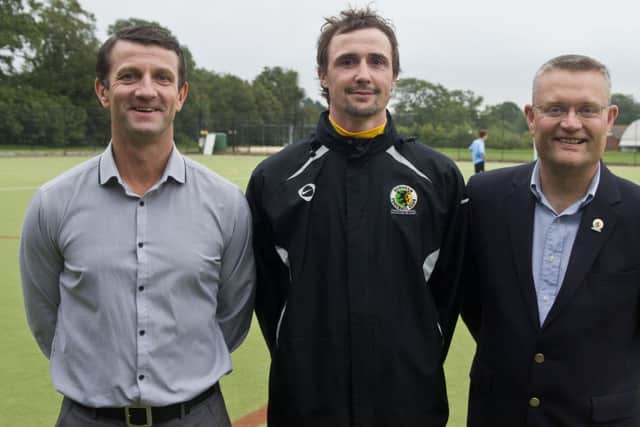 Gary Charman, with Horsham manager Simon Colbran (left) and Kevin Borrett (right), on returning to the club.