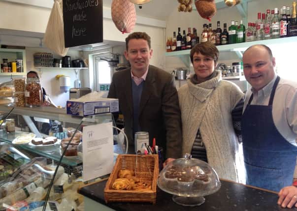 Greg Barker with Neil and Sian Cotterill of Etchingham Shop and Deli