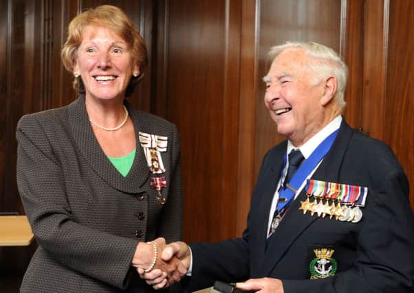 W41018H13  Lord Lieutenant Susan Pyper with veteran Robert Adams