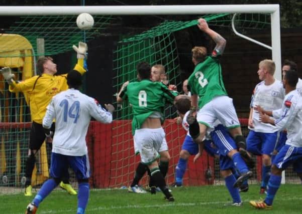 Burgess Hill's dramatic  last minute equaliser in their FA Vase match pic Phil Dennett