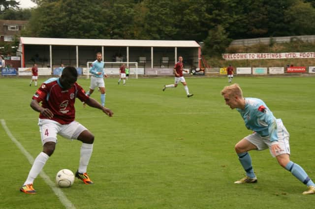 Bailo Camara on the ball for Hastings United against Brentwood Town on Saturday. Picture by Terry S. Blackman