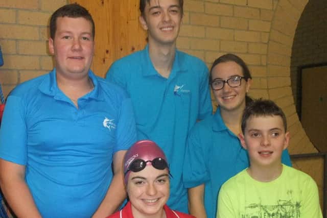 Marlins disability swimmers: Below from left to right:Top row: Seb Ward, Richard Sambrook, Fabienne Andre Bottom row: Georgina Williams, Christopher Lovejoy