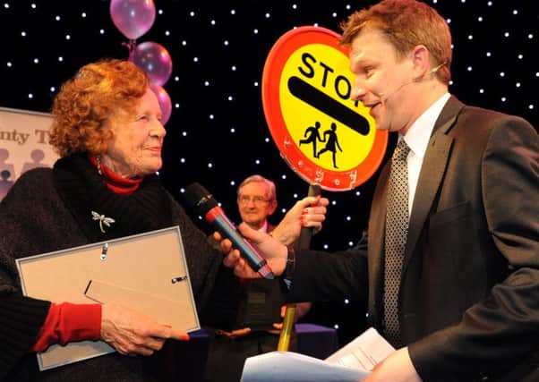 S12470441X County Times Community Awards 2012. Compere Theo Cronin meets Sylvia Welch. Public Service -photo by Steve Cobb