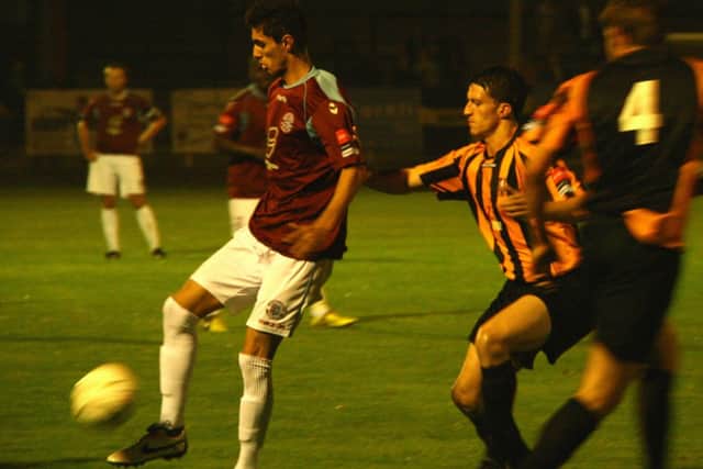 Rodrigo Branco on the ball for Hastings United in the 3-0 win at home to Folkestone Invicta on Monday night. Picture by Terry S. Blackman