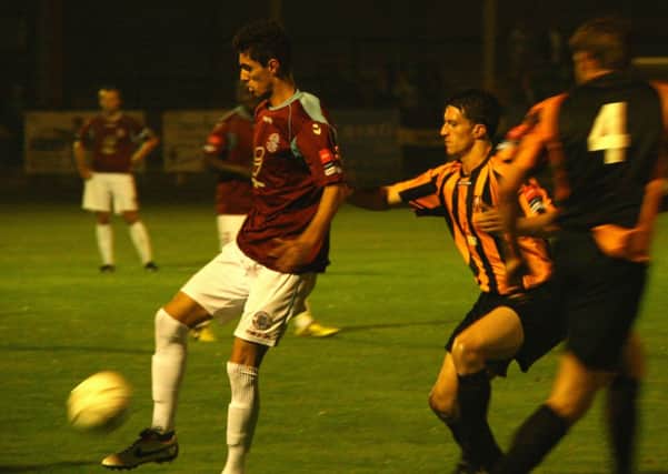 Rodrigo Branco on the ball for Hastings United in the 3-0 win at home to Folkestone Invicta on Monday night. Picture by Terry S. Blackman