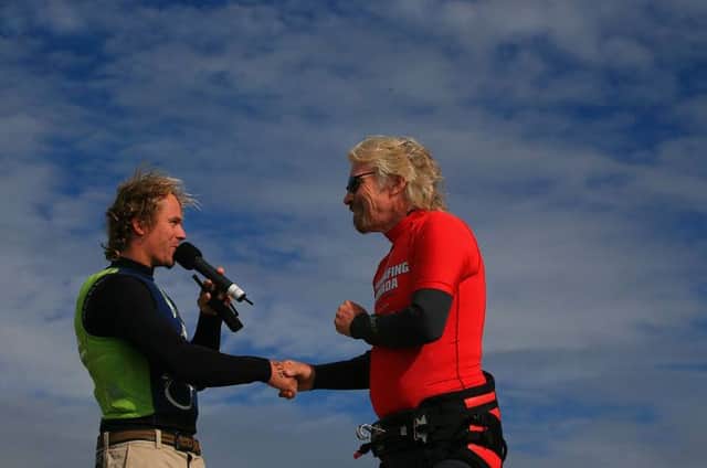 Lewis Crathern, left, pictured here with Sir Richard Branson at a recent kitesurfuing event, will be leading a workshop