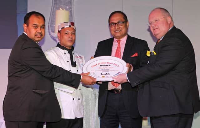 Left-right: Askor Ali, owner of Mahaan Restaurant, winning chef Abul Hussain, Iqbal Ahmed, chairman of NRB Bank and Eric Pickles MP