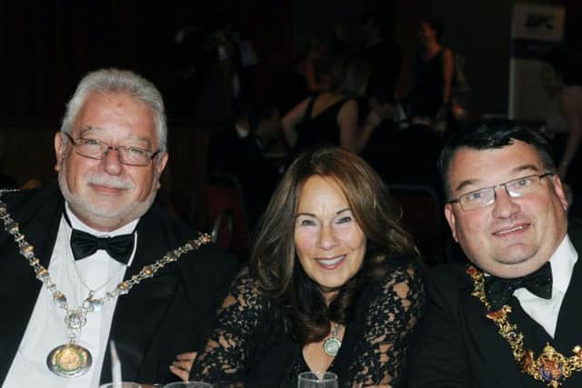 W43122H13-BusinessAwards  Adur and Worthing Business Awards 2013. The Pavilion, Worthing. Pictured are L-R Cllr Mike Mendoza (Chairman of Adur District Council), Jennifer Mendoza and Cllr Bob Smytherman (Mayor of Worthing).