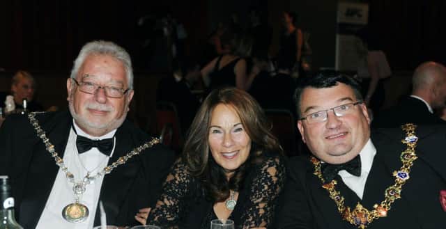 W43122H13-BusinessAwards  Adur and Worthing Business Awards 2013. The Pavilion, Worthing. Pictured are L-R Cllr Mike Mendoza (Chairman of Adur District Council), Jennifer Mendoza and Cllr Bob Smytherman (Mayor of Worthing).