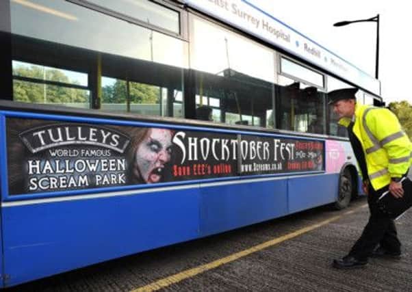 Tulleys Farm Shocktober Fest advert on Buses at Redhill (Pic by Jon Rigby)