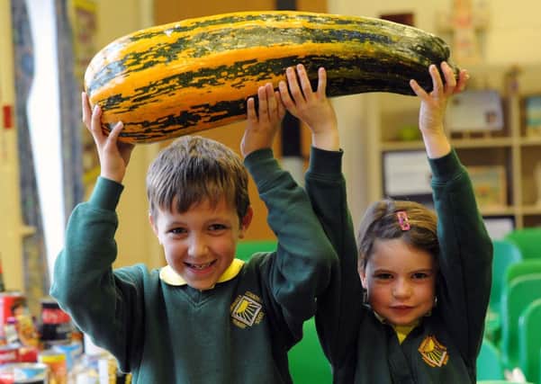 Nathan Moseley and Sophie McArdell with some of the schools harvest collection                             L43925H13