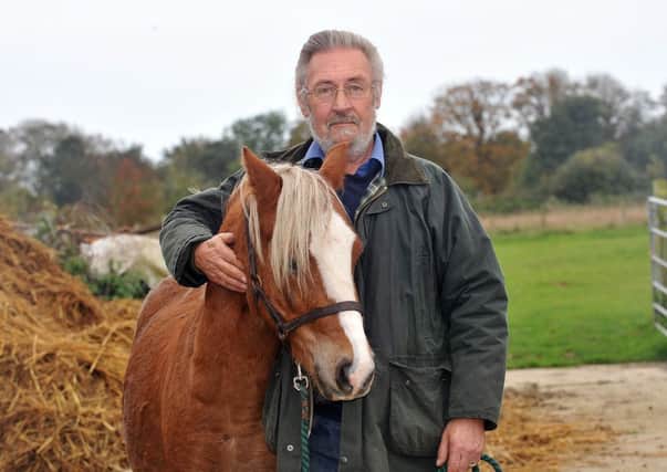 Peter Dean with his wife's pony which was shot in the chest with a crossbow bolt