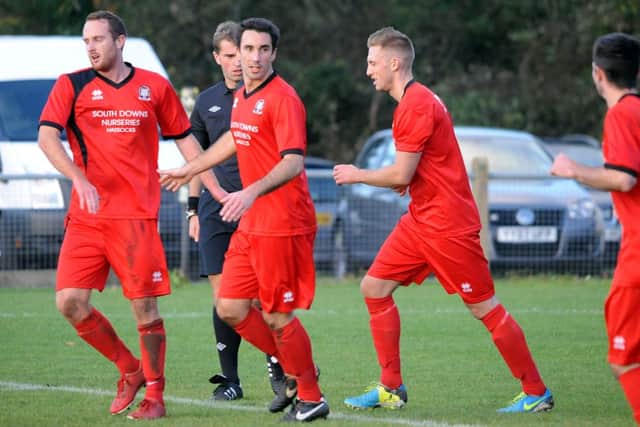 Hassocks v Rye. Hassocks score from the penalty to make it 2-1. 02.11.13 

Pic Steve Robards