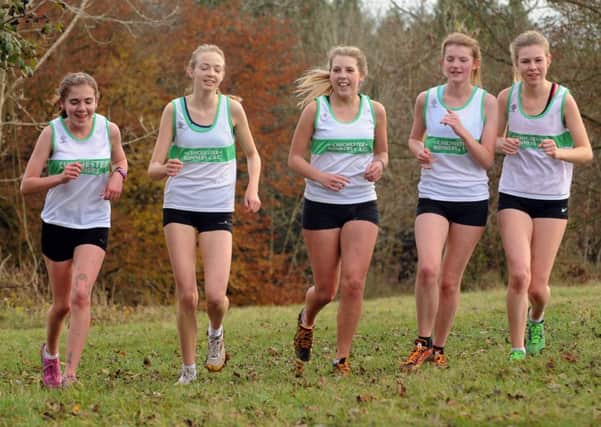 Chichester's Hannah Croad, Emma Maynard, Georgie Warner, Nicola Mead and Lucy Ellis competing in the Hampshire League cross-country at Goodwood last year C121527-1 Photo Louise Adams