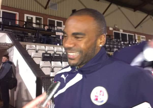 Emile Sinclair speaks to the press after scoring Crawley Town's second goal in their 2-1 win at Hednesford Town in the FA Cup 1st Round