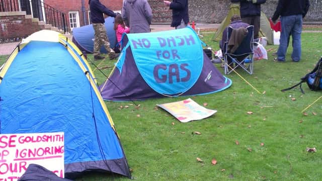The anti-fracking camp outside WSCC HQ in Chichester.