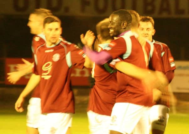 Hastings United celebrate their second goal in the 3-0 Sussex Senior Cup victory over Westfield on Tuesday night. Picture by Terry S. Blackman