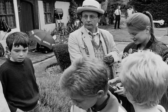 Dr Who.  Sophie Aldred and Sylvester McCoy July 1988. On location filming 'Silver Nemesis' at St Mary's House in Bramber, West Sussex - photo contributed by Steve Cobb