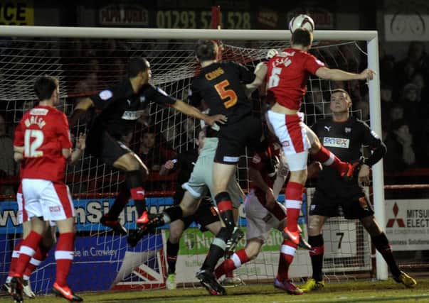 Connor Essam's header is cleared off the line against Brentford (Pic by Jon Rigby)