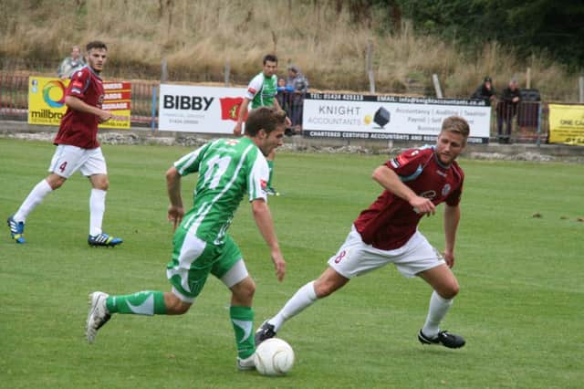 Action from the FA Cup tie between Hastings United and Guernsey at The Pilot Field in September. Picture by Terry S. Blackman