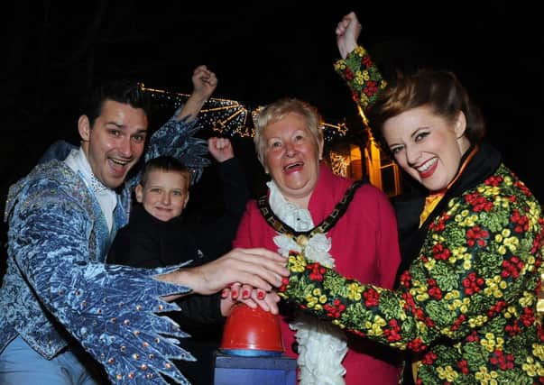 Switching on the lights - Jack Frost (Andrew Edwards), left, with Reece Newman, 12, Littlehampton mayor Joyce Bowyer and Ms Drift (Carys Gray)      L49551H13