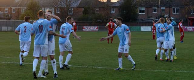 Hastings United celebrate scoring in the 3-2 win away to Worthing last weekend. Picture by Stephen Goodger