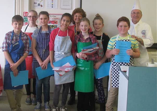 Rotary President Mary Jagger and Judge Fontebasso with Young Chef contestants Lucy Bunyan-Hird, Max Elliott, Hannah Wadey, Jake Parker and Amelia Hamlett. Winner, Kate Appleton is fourth from left and Runner-up Amelia McNeilly fourth from right.