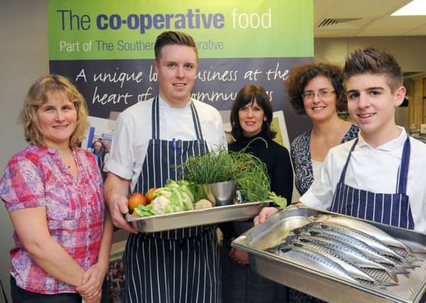 JPCT 031213 Horsham launch of the Create and Cook Competition at The Pass, South Lodge Hotel. L to R teacher Yvonne West, chef Steven Edwards (Masterchef competitor), teacher Amanda Reid, Min Raisman (fit2cook) and Jordan Powell 15. Photo by Derek Martin