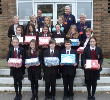Pupils from Glebelands School with some of their collection of shoe boxes