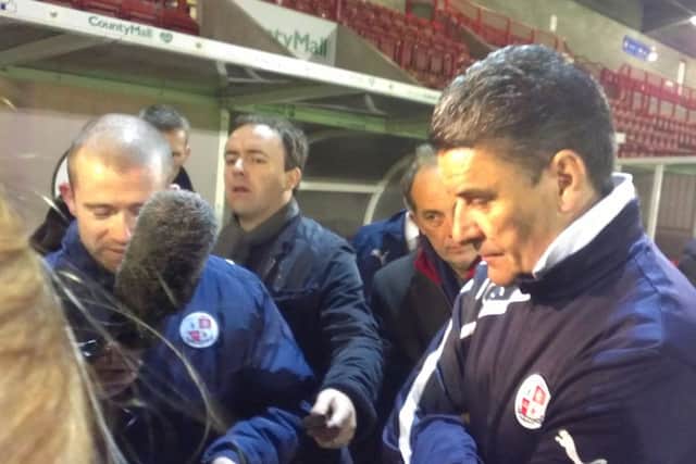Crawley Town manager John Gregory speaks to the press after his first home game in charge, a 2-2 draw with Preston North End