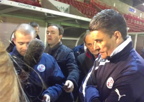 Crawley Town manager John Gregory speaks to the press after his first home game in charge, a 2-2 draw with Preston North End