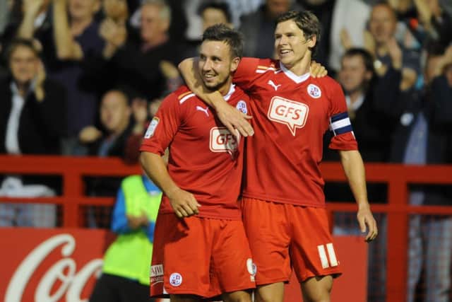 Matt Tubbs celebrates a goal with Josh Simpson (Pic by Jon Rigby)
