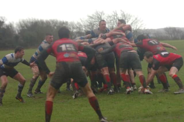 Hastings & Bexhill contest a scrum during their narrow win at home to Vigo. Picture by Simon Newstead