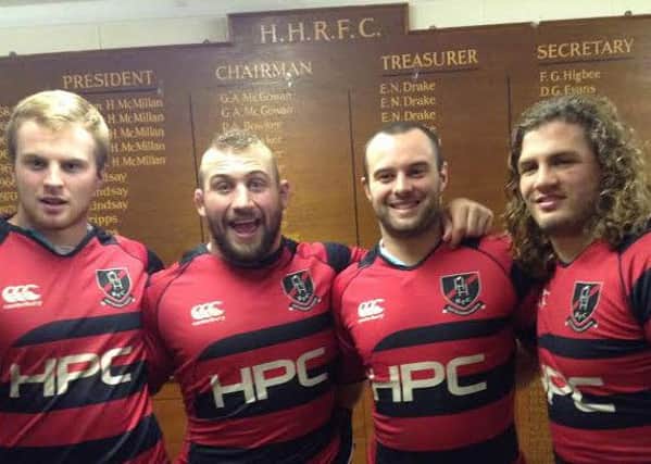 from left to right: Haywards heath rugby club's ex-players now with harlequins James Chisholm, Joe Marler, Ross Chisholm, Luke Wallace